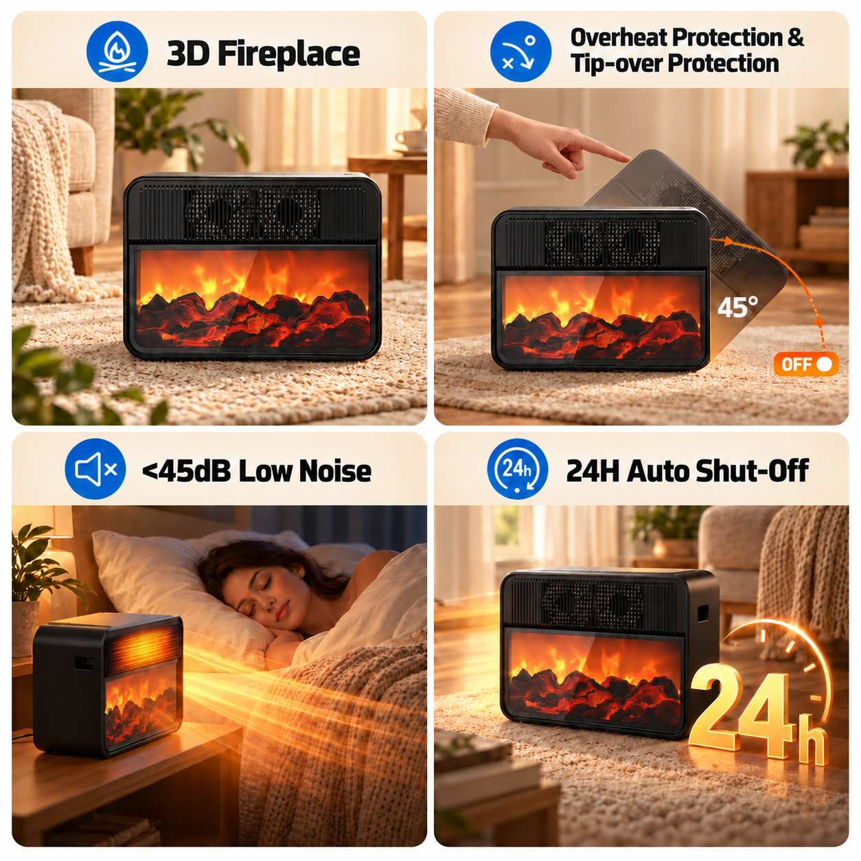 Four panels showing a black electric fireplace with 3D flames, tip-over protection, low noise, and a 24h timer.