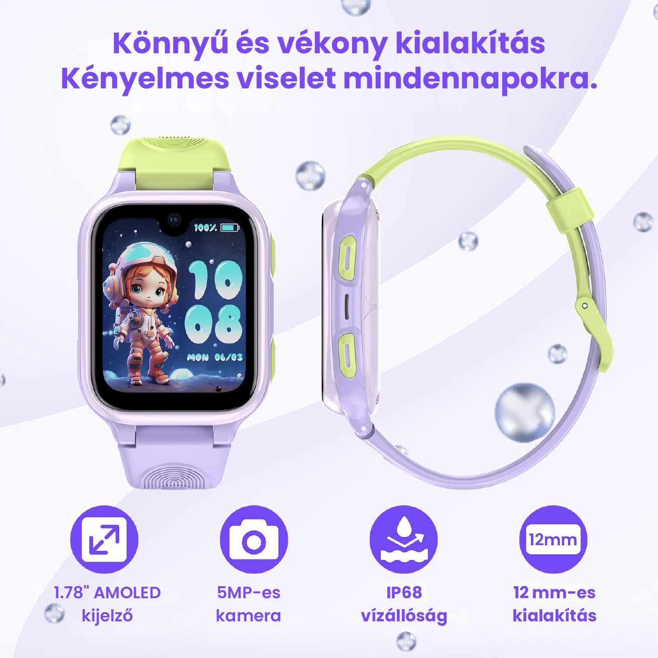 Lila és zöld gyerek okosóra AMOLED kijelzővel, kamerával és funkció ikonokkal levendula háttéren.
