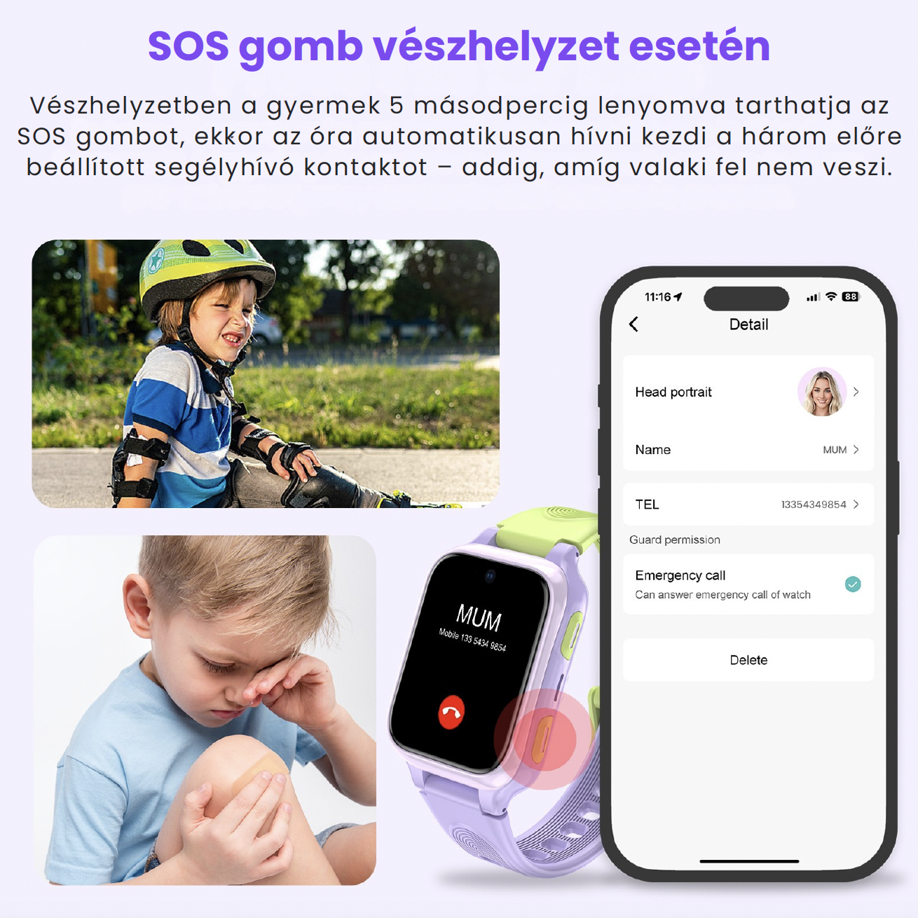 Gyerekóra SOS hívás funkcióval és okostelefonos alkalmazás felülettel.