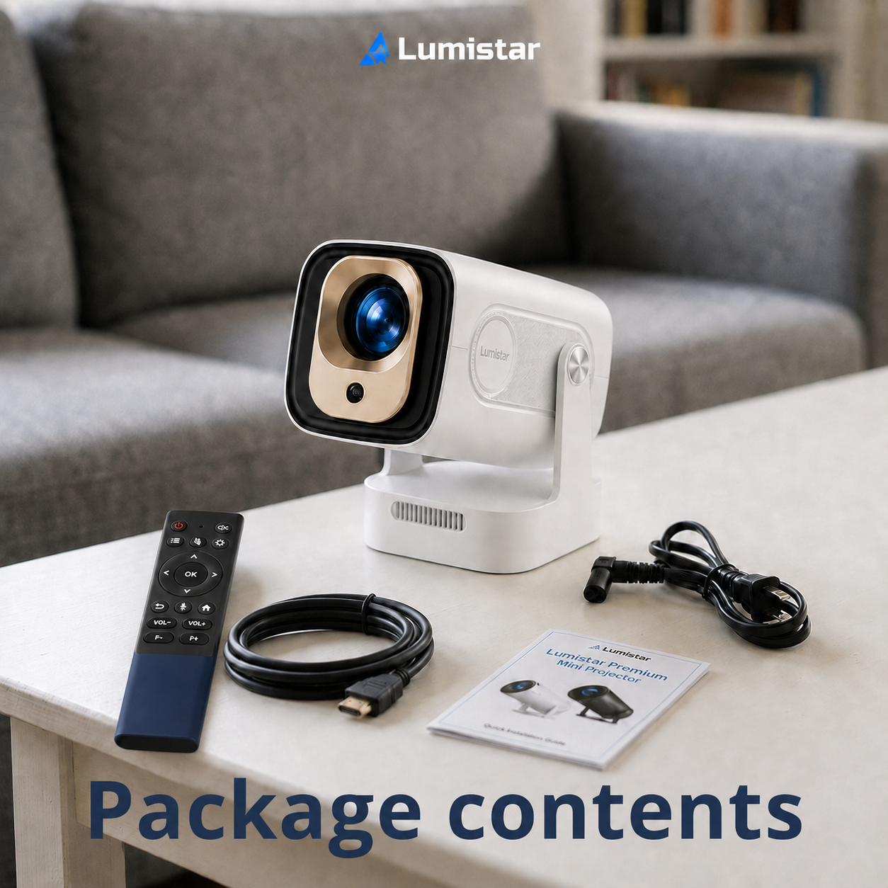 Lumistar mini projektor távirányítóval, HDMI kábellel, tápkábellel és kézikönyvvel egy asztalon.