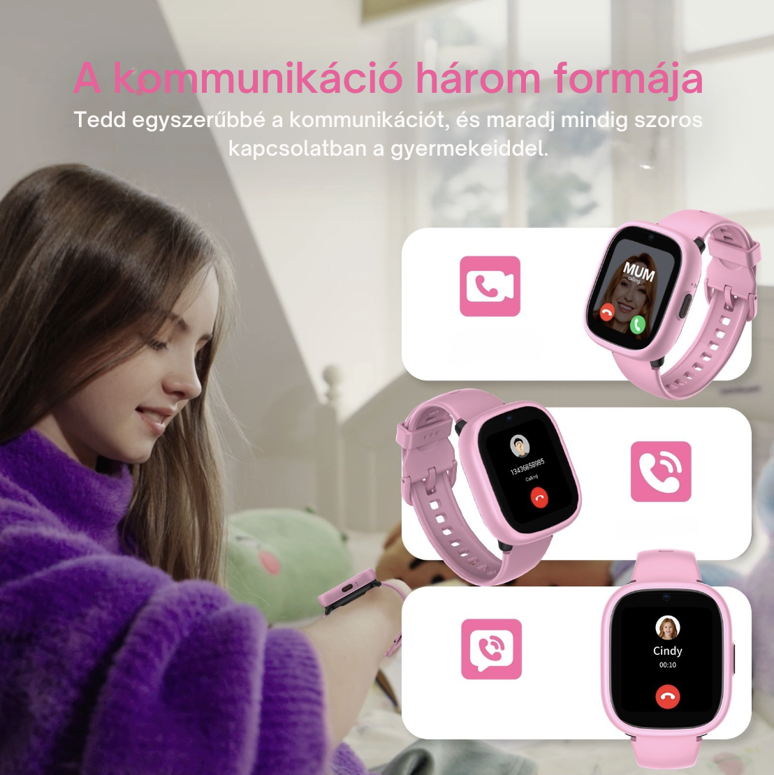Egy lila pulóveres lány egy rózsaszín okosórát néz videóhívás funkciókkal.