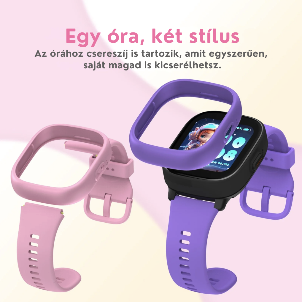 Egy okosóra cserélhető lila és rózsaszín szilikon szíjjal és kerettel világosrózsaszín háttér előtt.