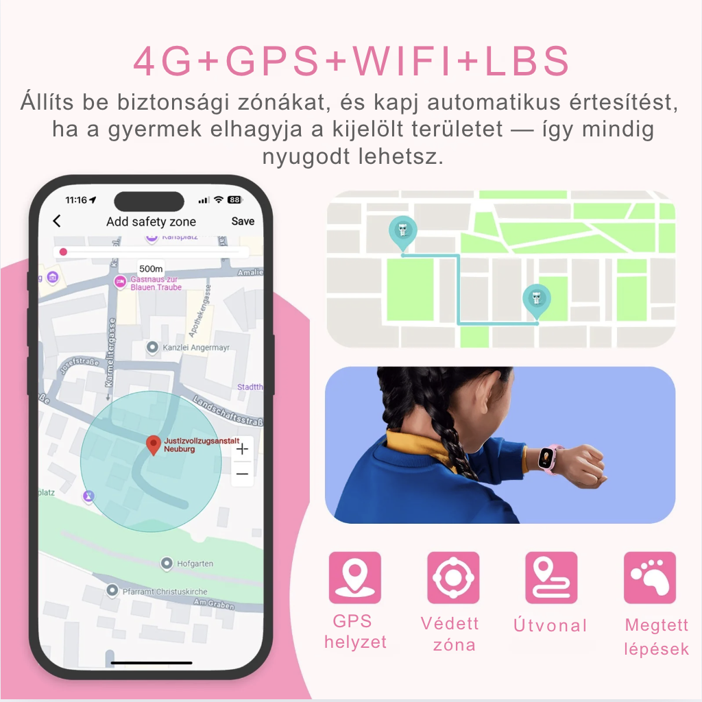 Okostelefon GPS biztonsági zónával, térképpel, okosórát viselő gyermekkel és ikonokkal.
