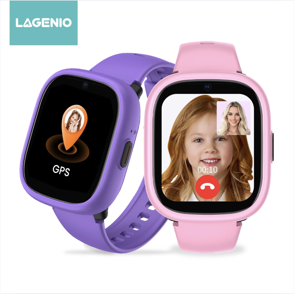 Két Lagenio gyerek okosóra, egy lila GPS-szel és egy rózsaszín videóhívással.