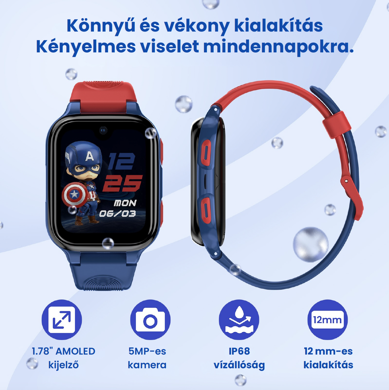 Kék és piros Amerika Kapitány gyerek okosóra AMOLED kijelzővel, kamerával és IP68 vízállósággal.