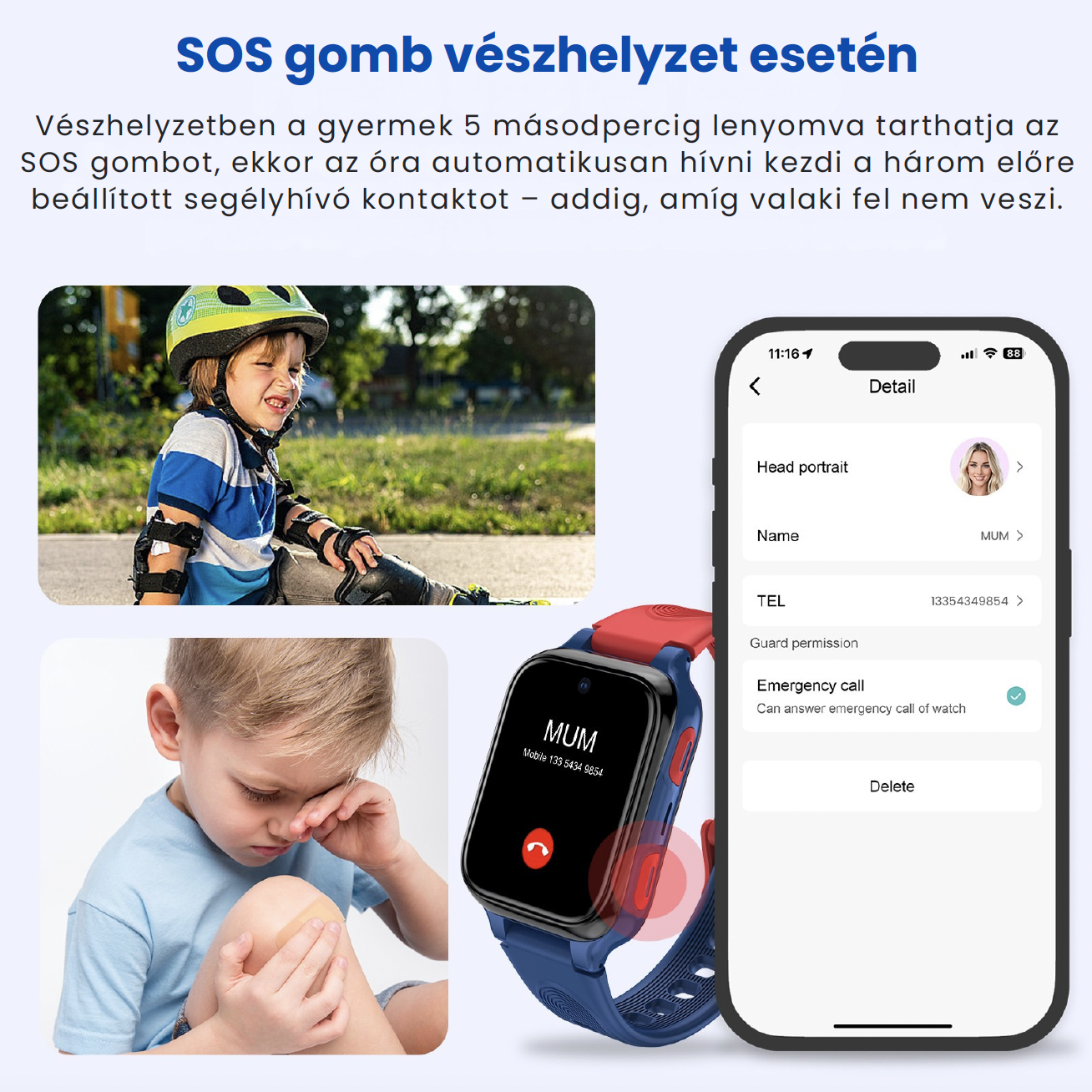 Gyermek kötözött térddel, okosóra és egy telefonos alkalmazás, amelyek bemutatják az SOS segélyhívást.