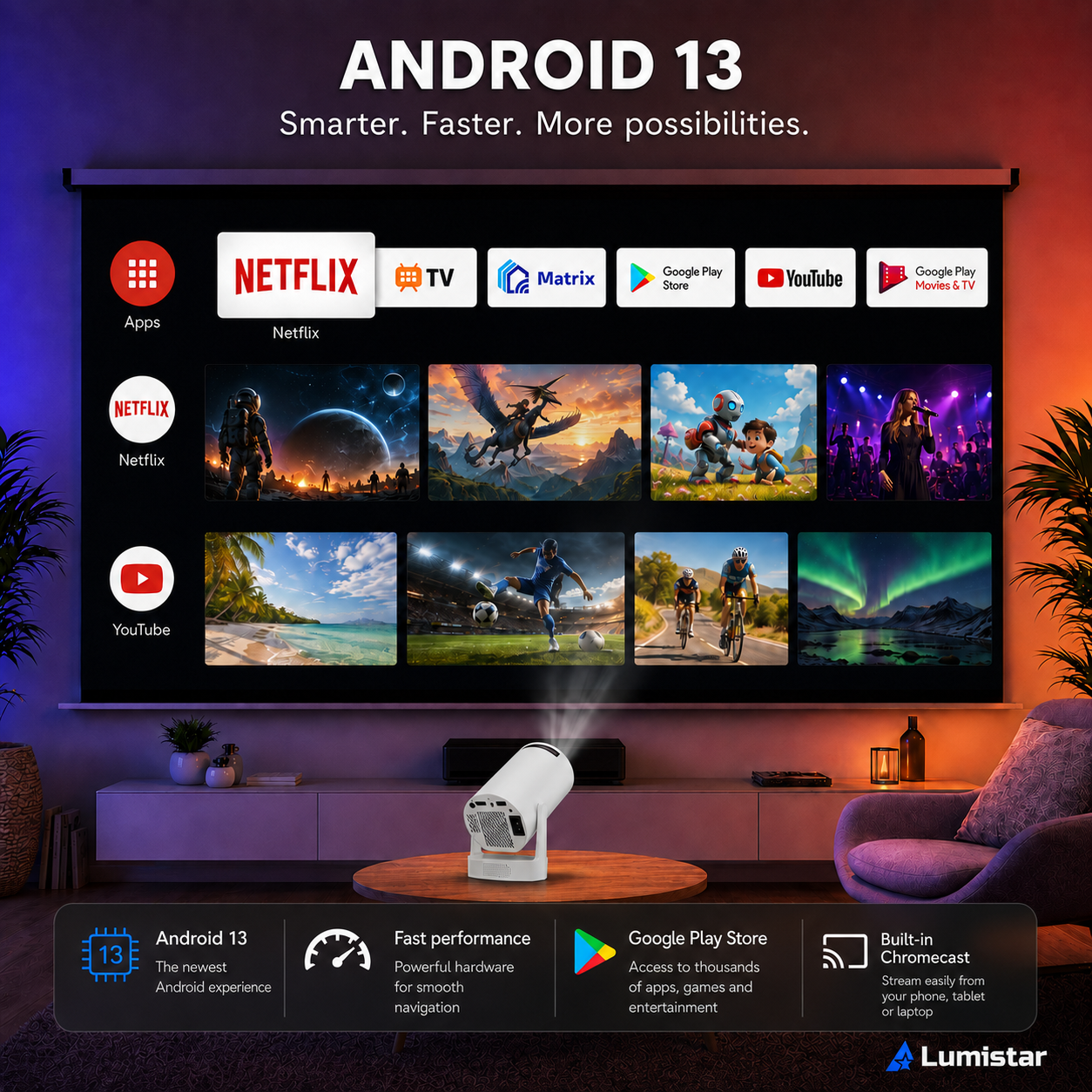 Ein weißer Beamer projiziert ein Menü mit Netflix, YouTube und verschiedenen Apps auf eine Leinwand.