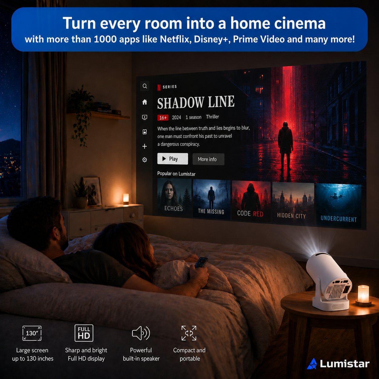 Paar schaut im dunklen Schlafzimmer Filme über einen weißen Kompaktprojektor an der Wand.