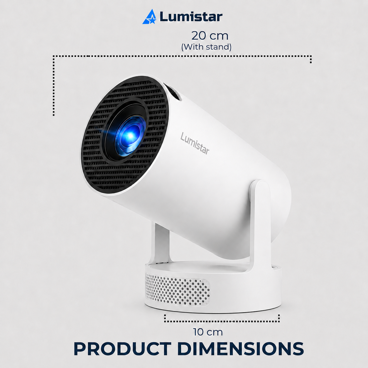 Weißer Lumistar-Projektor auf einem runden Ständer mit Grössenangaben von 20 cm und 10 cm.