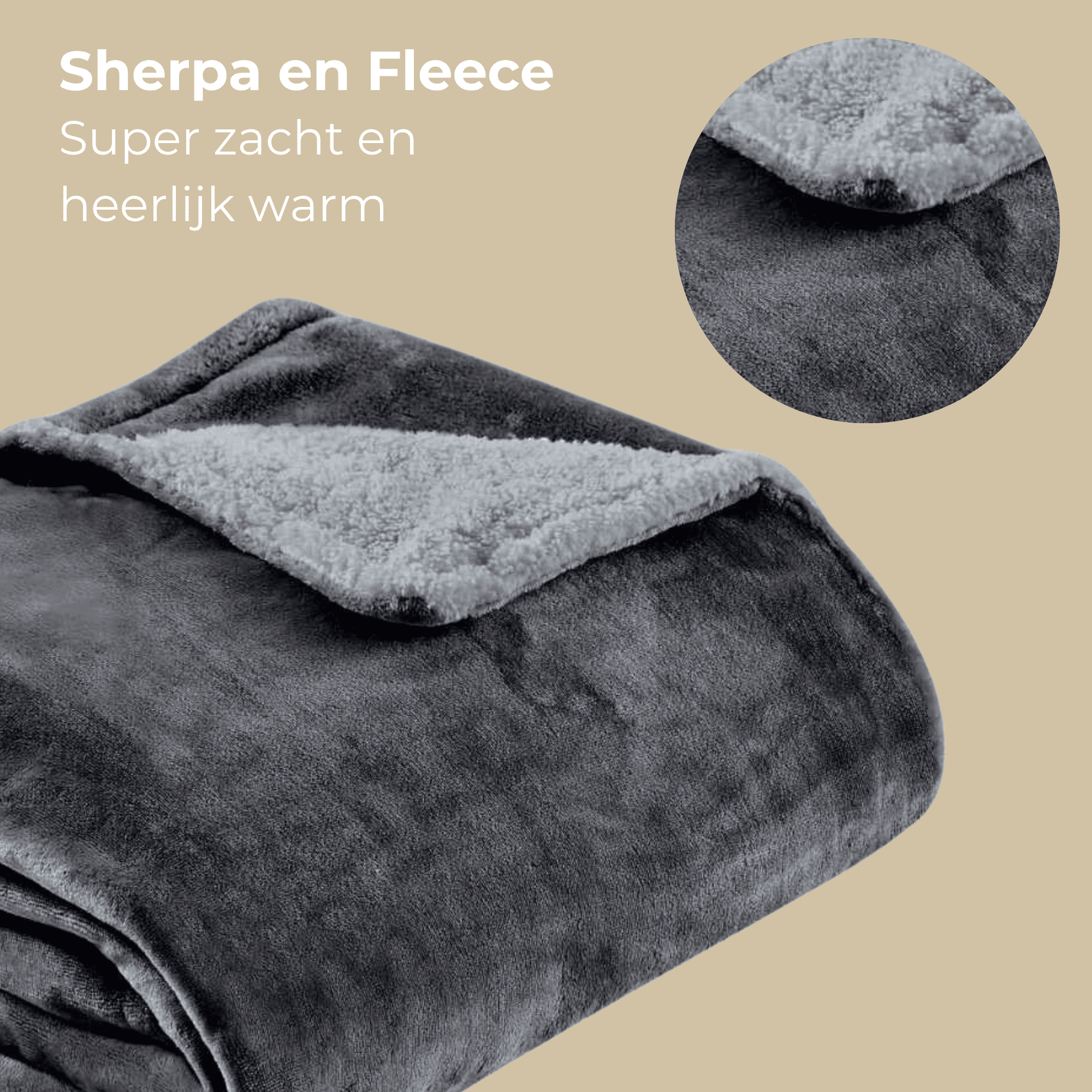 Eine graue Sherpa- und Fleecedecke mit Text in der Ecke.