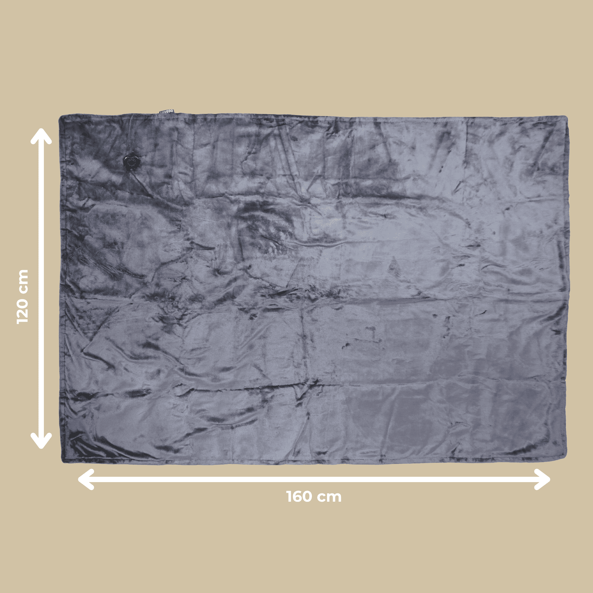 Eine graue Heizdecke mit Abmessungen von 160x120 cm auf hellem Grund.