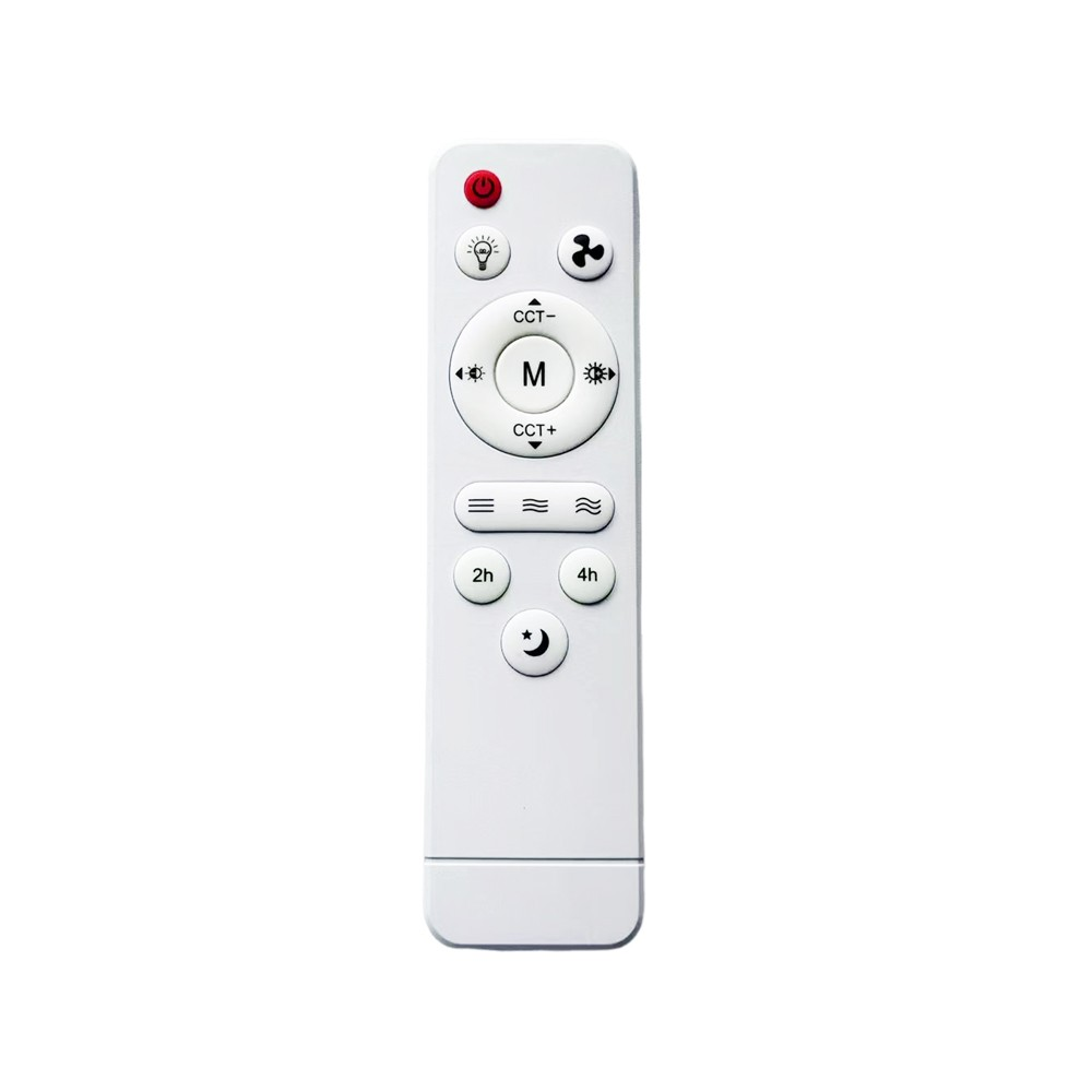 Un control remoto blanco con varios botones circulares para control de luz y ventilador.