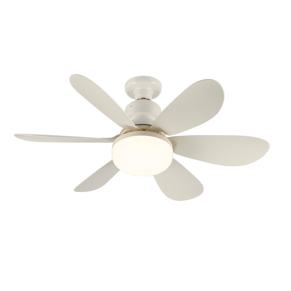 Un ventilador de techo blanco con seis aspas redondeadas y una lámpara central redonda encendida.