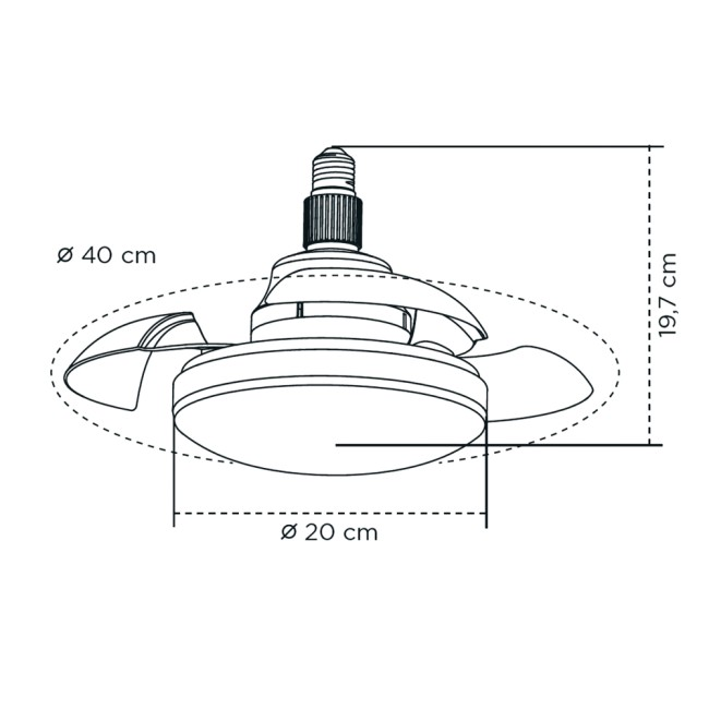 Dibujo técnico de una lámpara de ventilador de techo con dimensiones: 40 cm de diámetro, 19,7 cm de altura.
