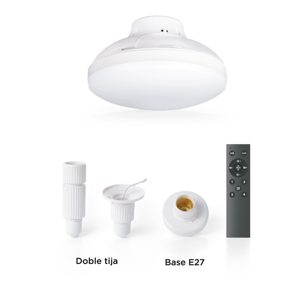 Lámpara de techo blanca con dos varillas, base E27 y un control remoto.