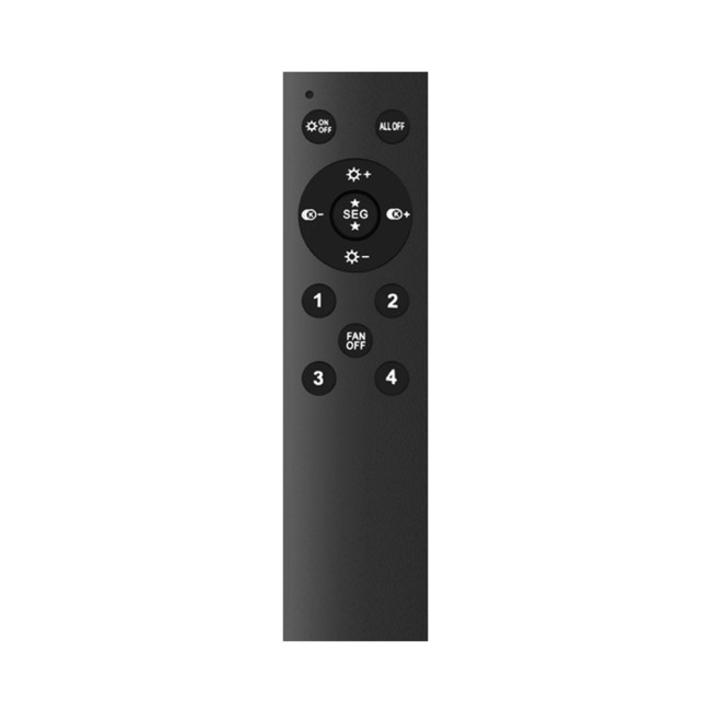 Un control remoto negro con botones circulares para la luz y el ventilador.