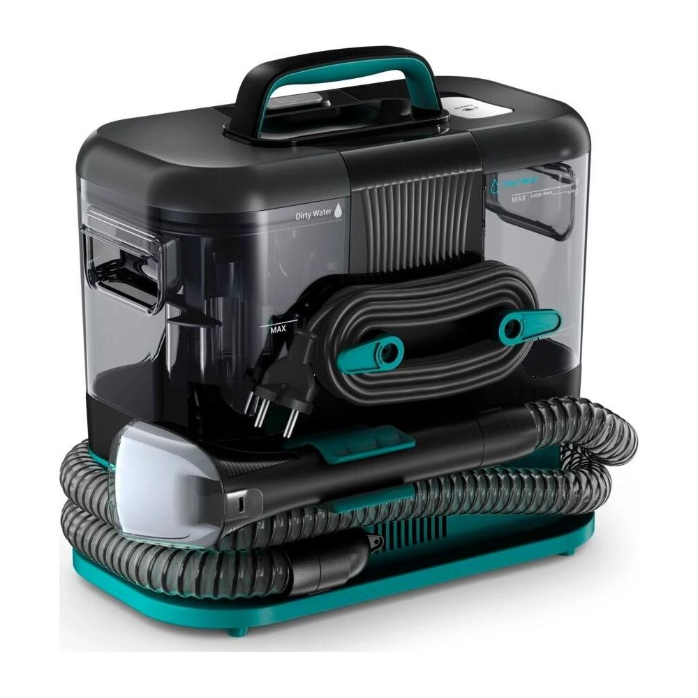 Ein schwarzer und türkisfarbener Teppichreiniger mit Wassertanks, Kabel und flexiblem Schlauch.