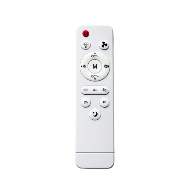 Un control remoto blanco con varios botones redondos e iconos para el control de luces y ventiladores.