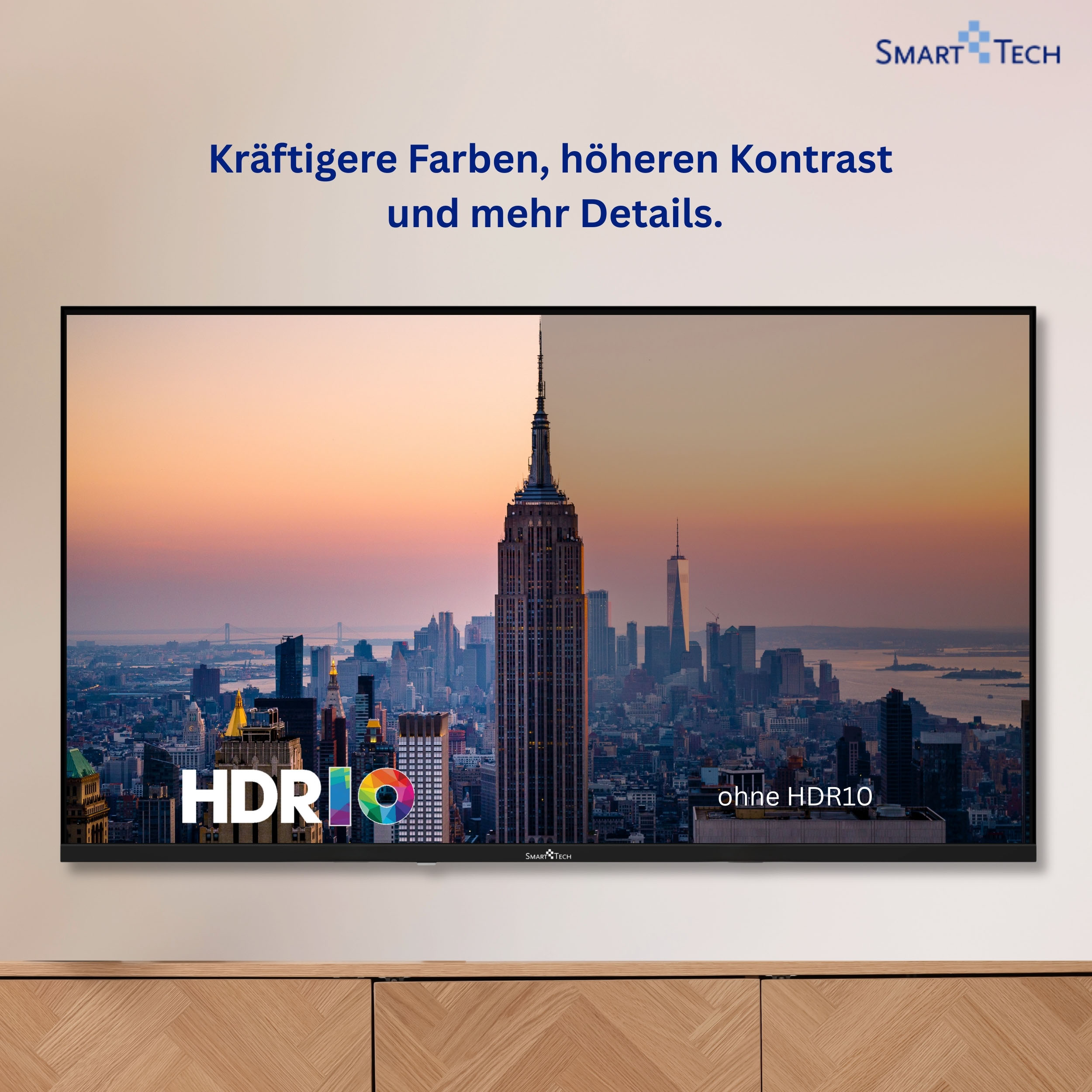 Televisor Smart Tech muestra el horizonte de Nueva York con HDR10.