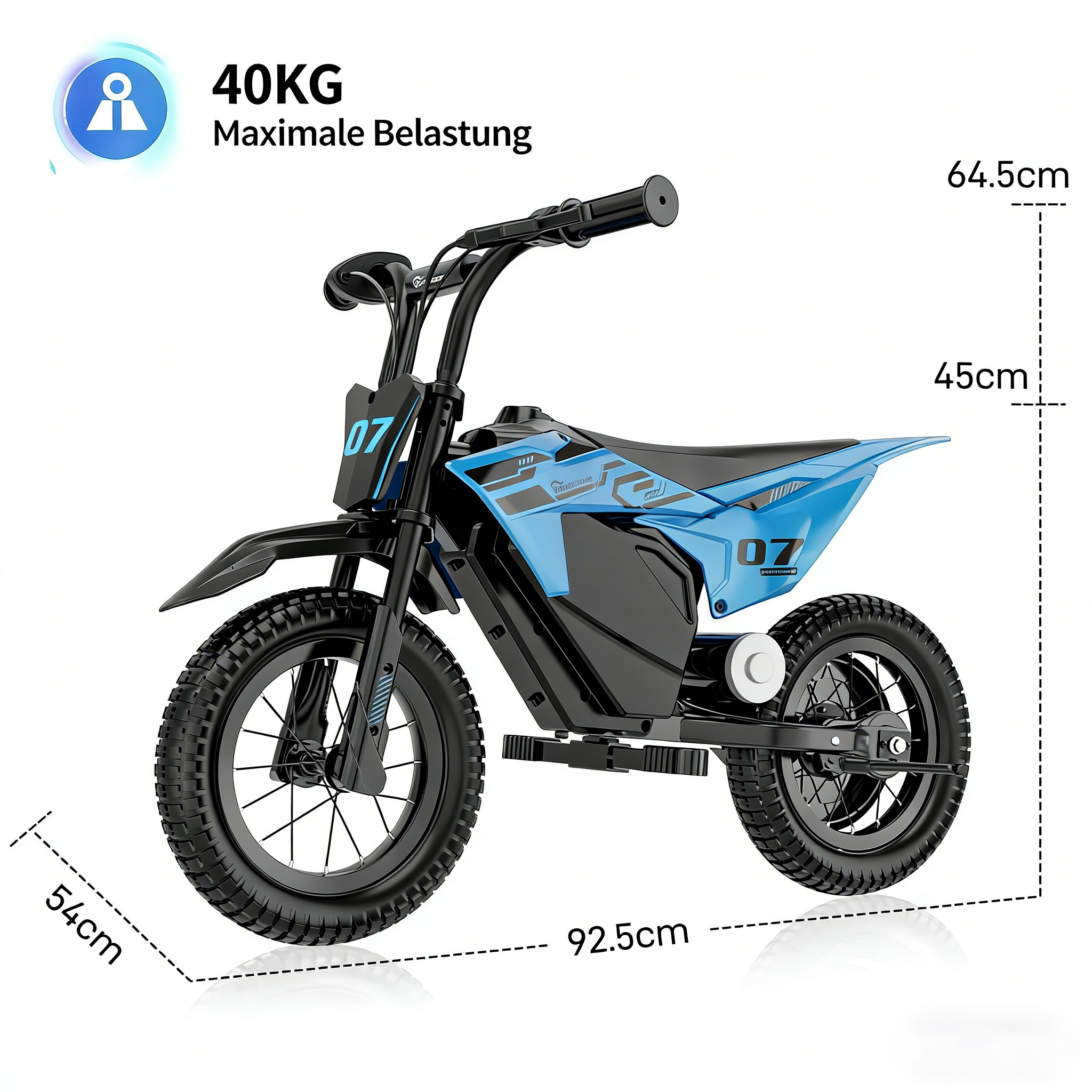 Ein blau-schwarzes Kinder-Elektromotorrad mit Maßen und 40kg Belastung auf weißem Grund.