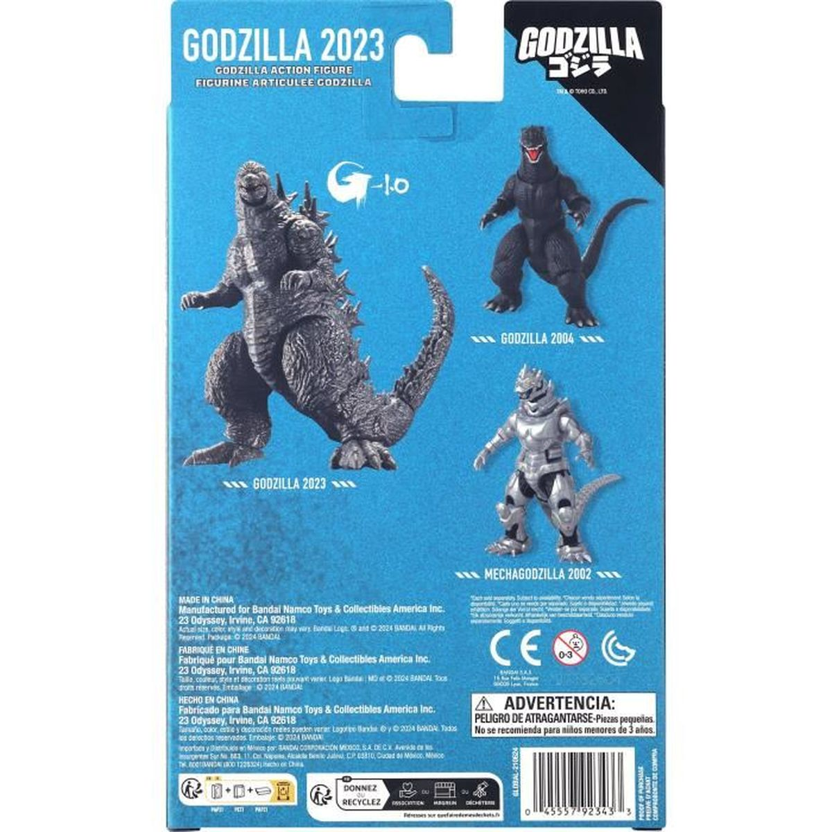 Tył opakowania zabawki Godzilla z wizerunkami figurek Godzilla 2023, Godzilla 2004 i Mechagodzilla 2002.