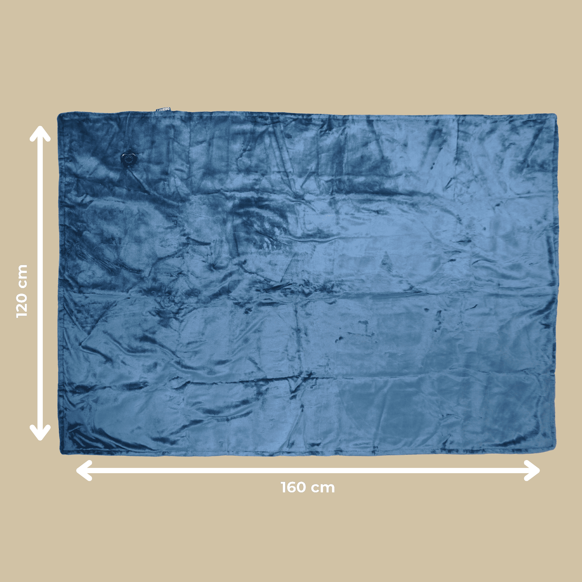 Blaue Pluedchdecke mit Abmessungen von 120 cm Höhe und 160 cm Breite auf einem beigen Hintergrund.