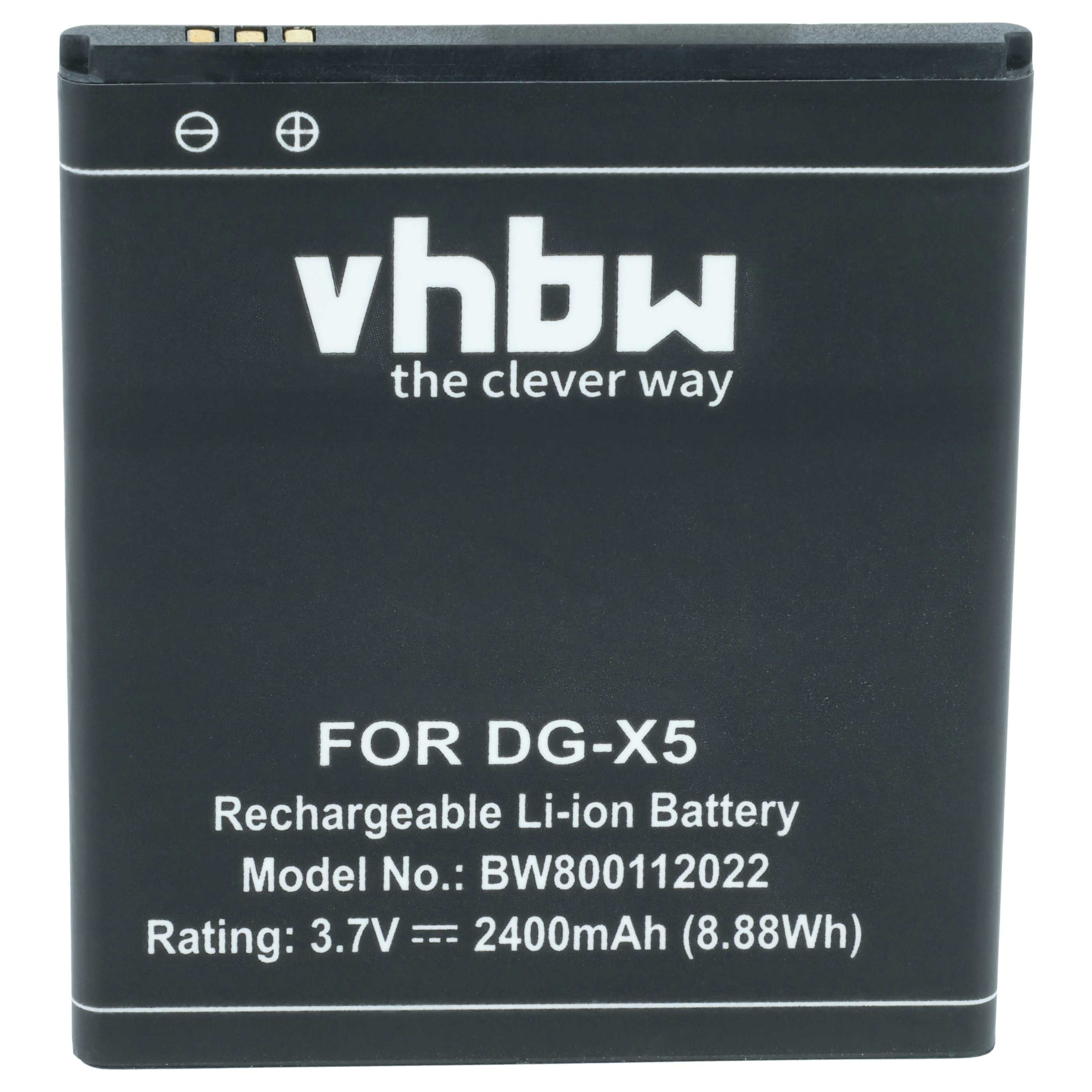 Schwarzer VHBW Li-Ionen-Akku für DG-X5, 3.7V, 2400mAh mit Kontakten oben.