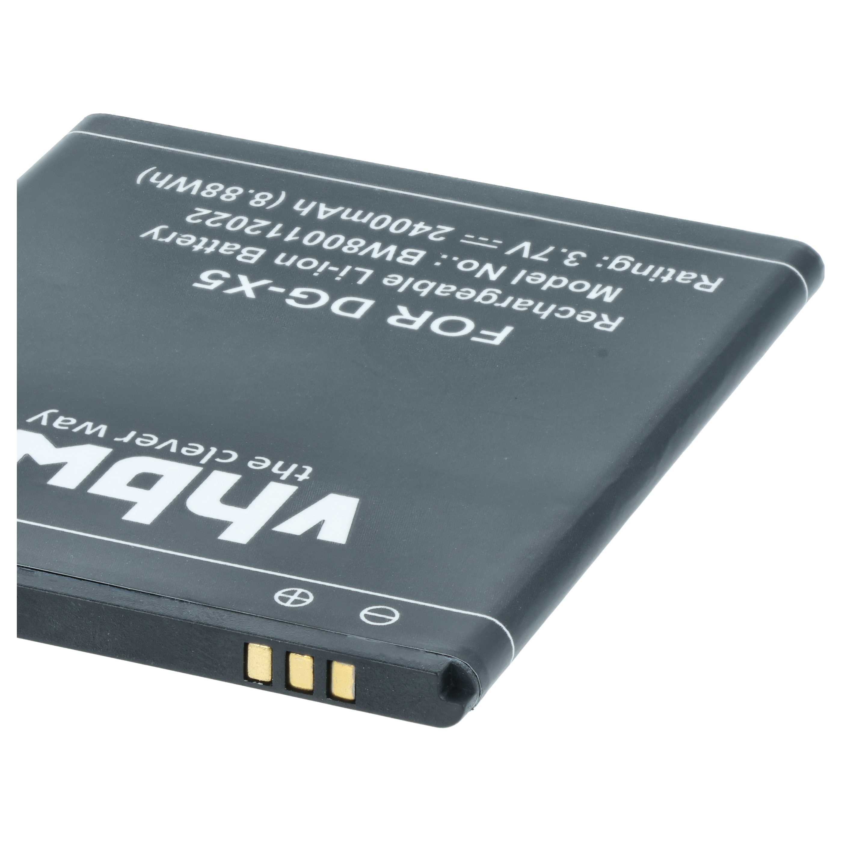 Eine schwarze vhbw Ersatzbatterie für DG-X5 mit weißen Aufschriften und goldenen Kontakten.