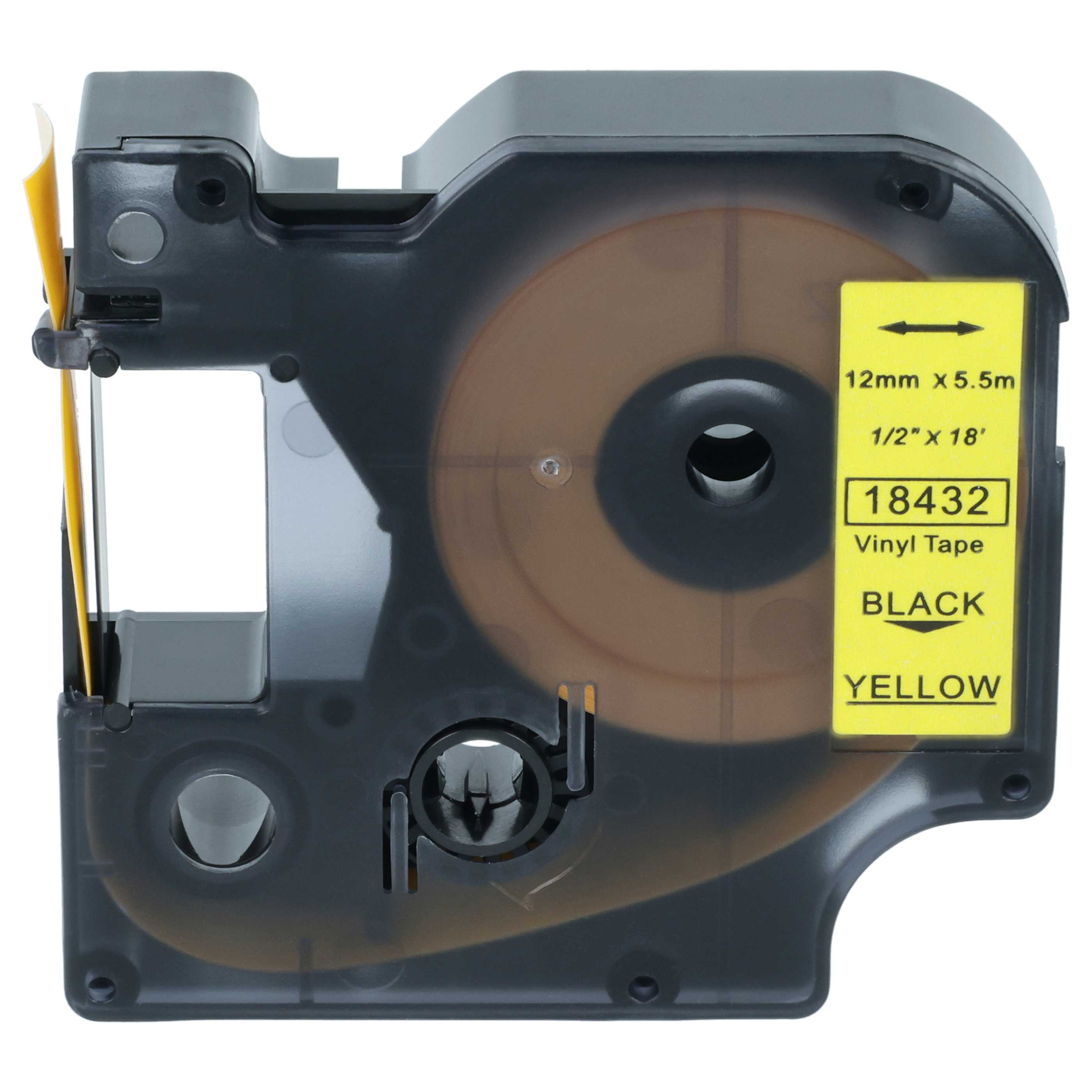 Schwarze Etikettendruckerkassette mit einer gelben Vinylbandspule und Text 18432 Vinyl Tape Black Yellow.
