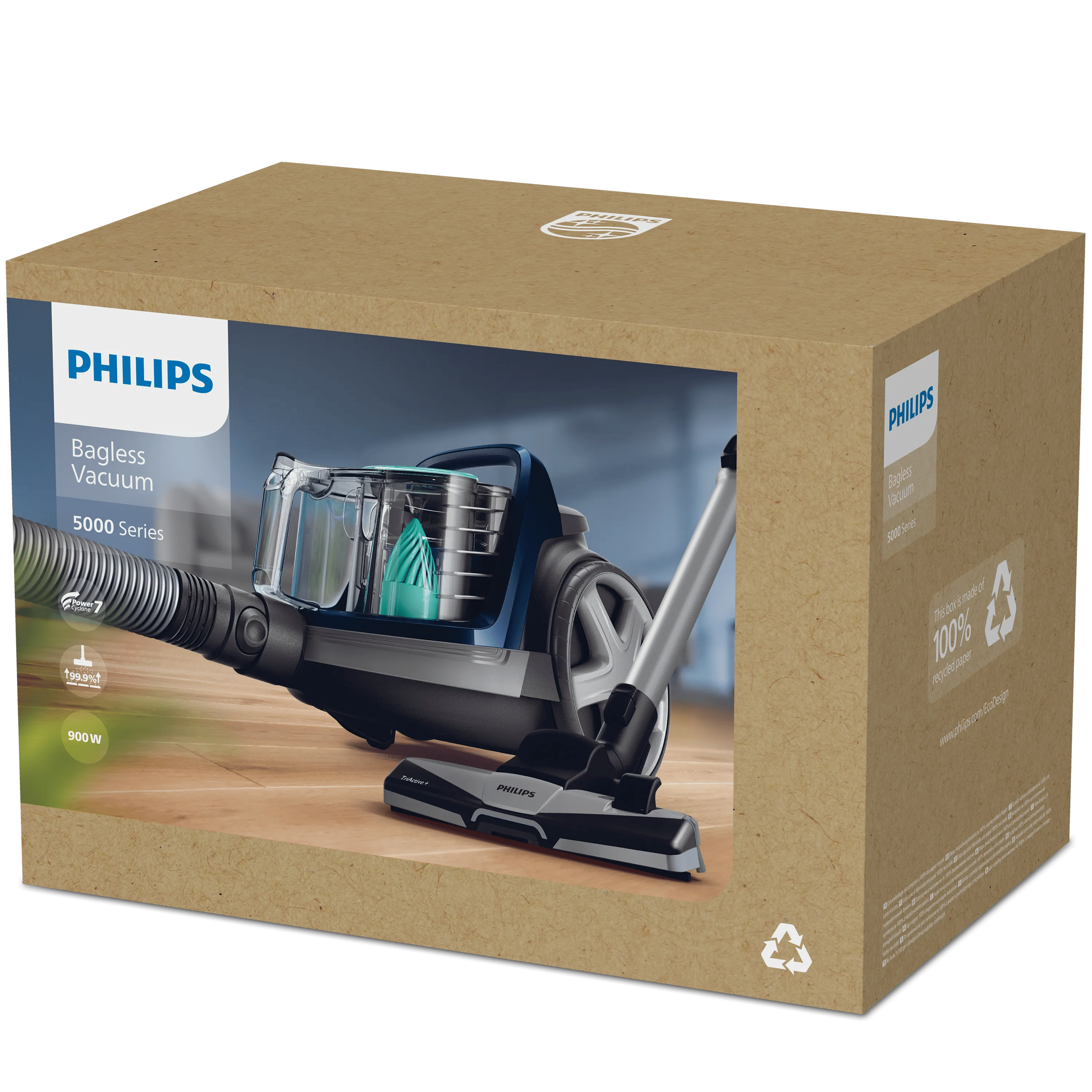 Brązowe kartonowe pudełko Philips przedstawia niebiesko-szary odkurzacz bezworkowy z serii 5000.