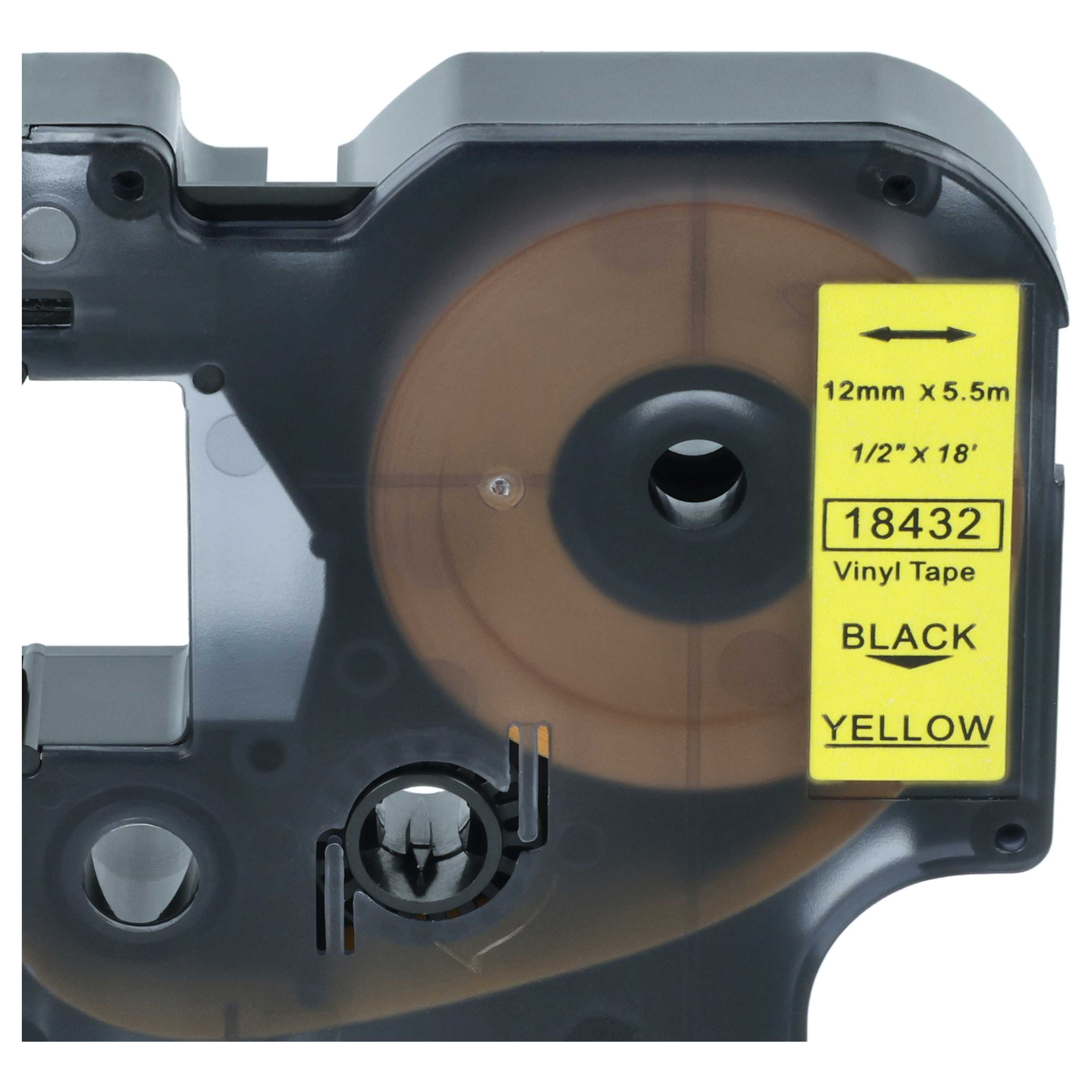 Schwarze Etikettenkassette mit gelbem Etikett, das 12mm x 5.5m Vinyl Tape Black Yellow anzeigt.