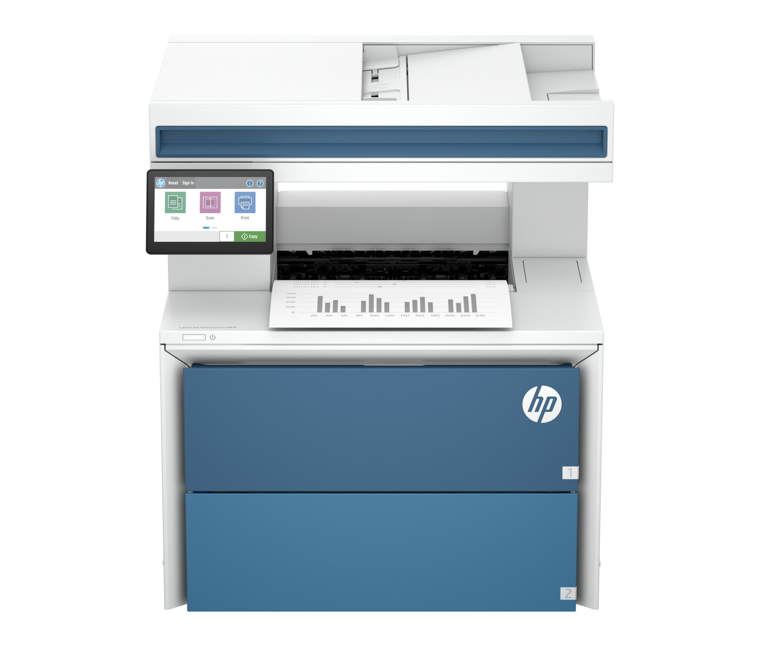 Weiß-blauer HP Multifunktionsdrucker mit Touchscreen und Papier im Fach.