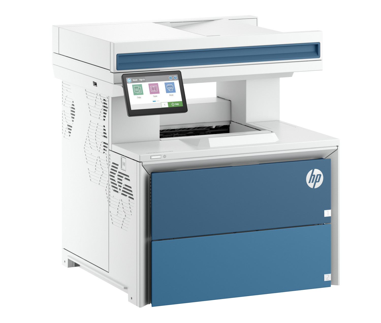 Ein weißer HP-Laserdrucker mit blauen Akzenten und einem Touchscreen-Bedienfeld auf einer weißen Oberfläche.