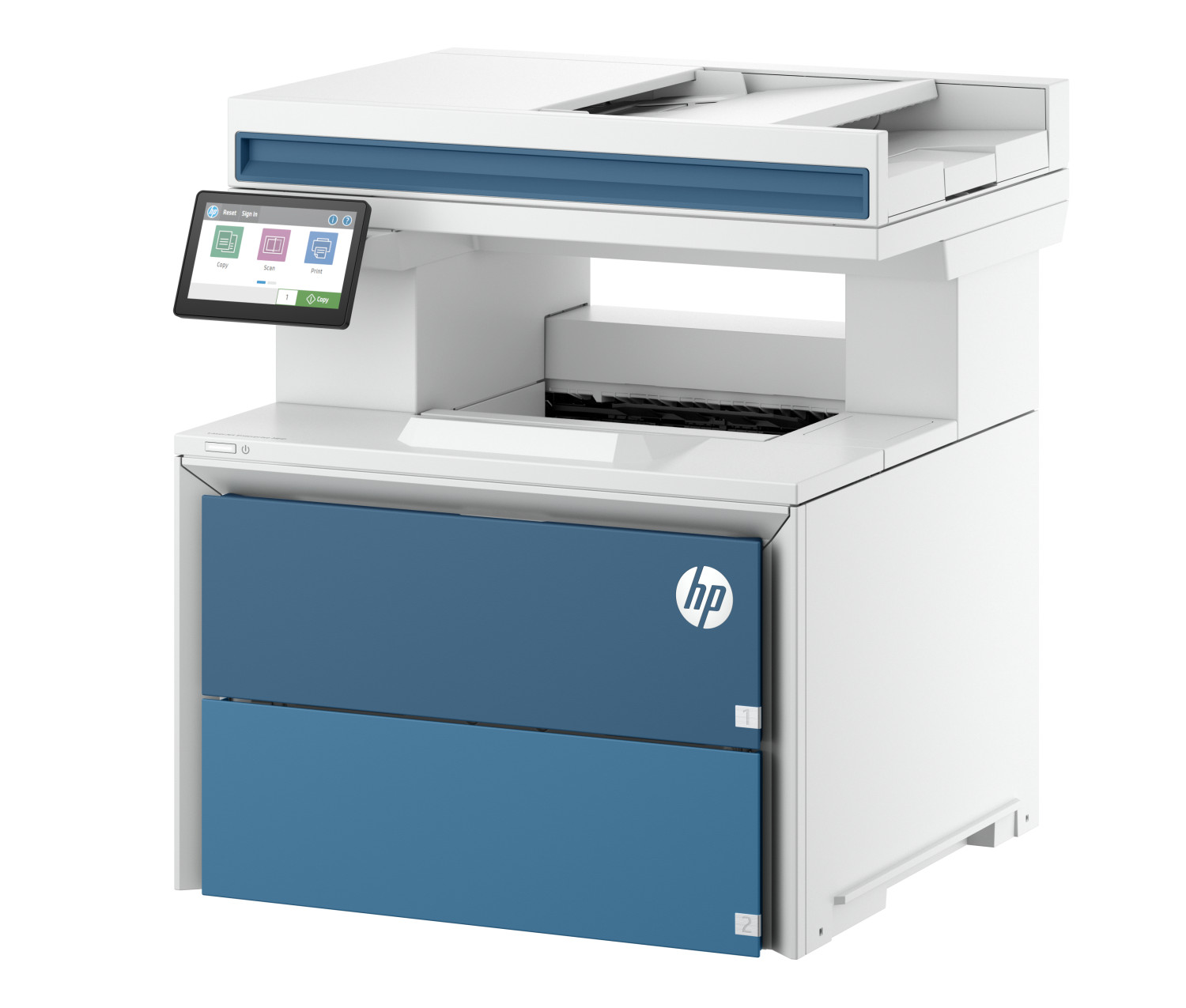 Ein weißer HP-Multifunktionsdrucker mit blauen Akzenten und einem Touchscreen auf einem weißen Hintergrund.