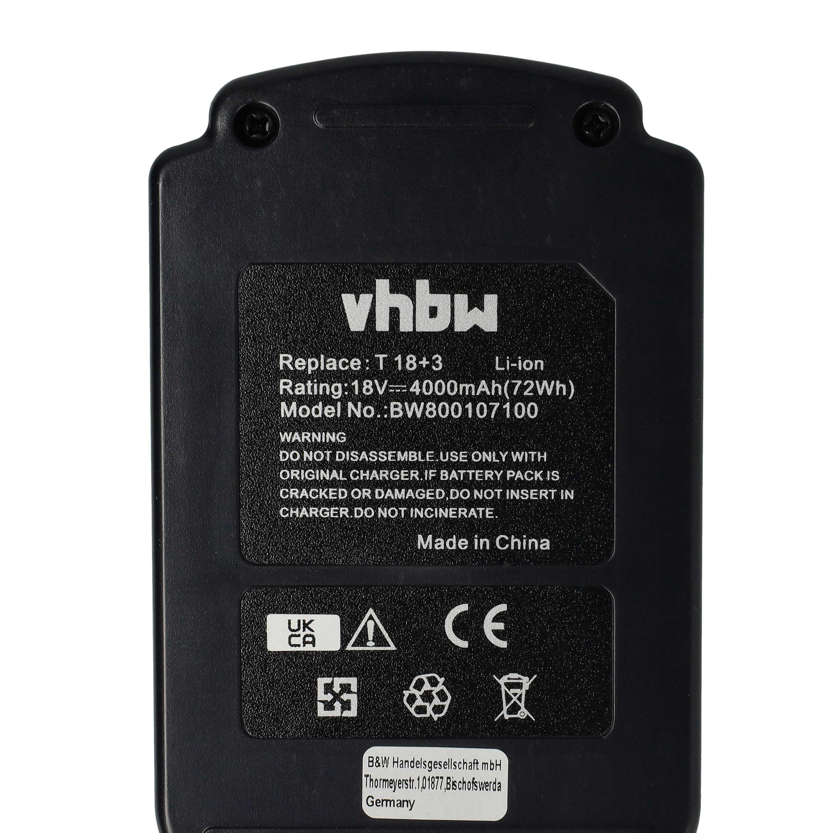 Schwarzer VHBW 18V Li-Ion Akku mit Produktdatenlabel auf weißem Hintergrund.