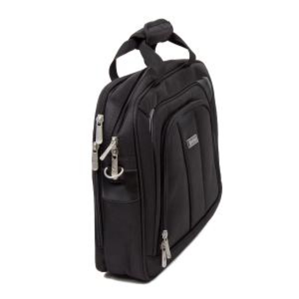 Eine schwarze Laptoptasche mit Reißverschlüssen und Griffen steht vor weißem Hintergrund.
