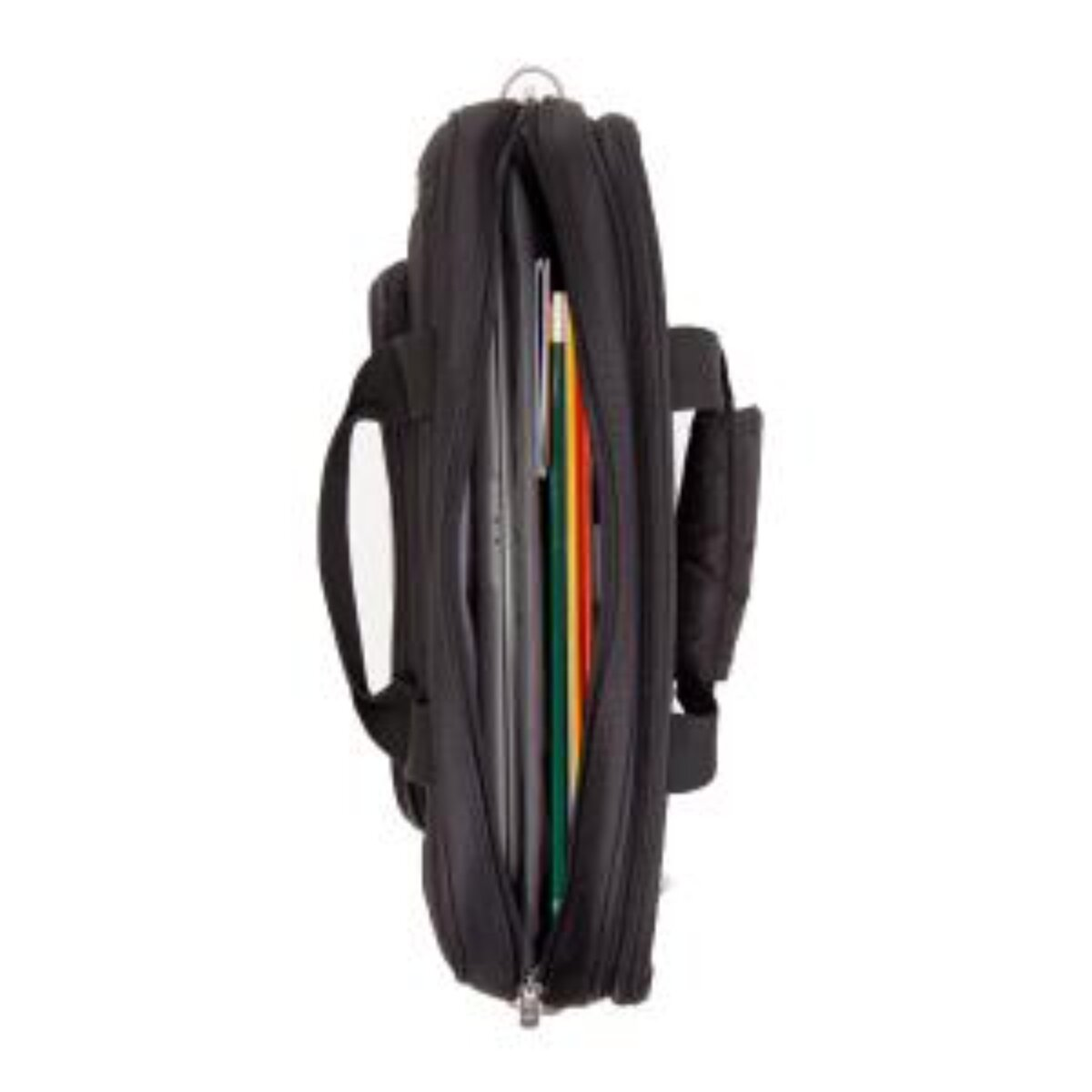 Eine geöffnete schwarze Laptoptasche zeigt gelbe und rote Ordner und einen Laptop im Inneren.