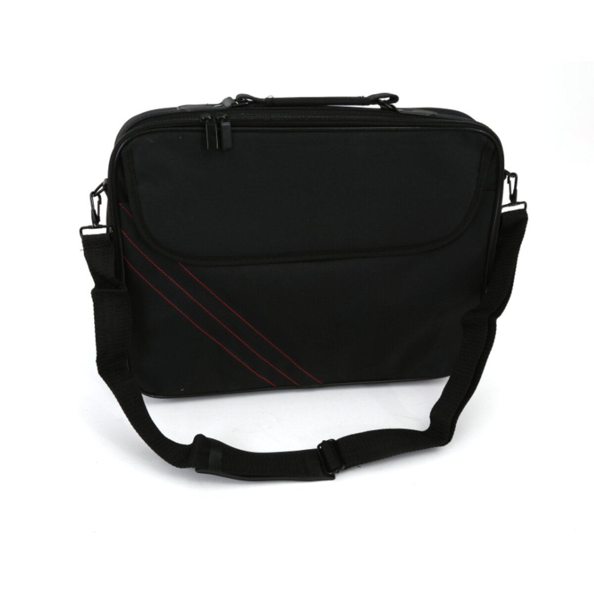Schwarze Laptoptasche mit Tragegurt und rotem Akzent.