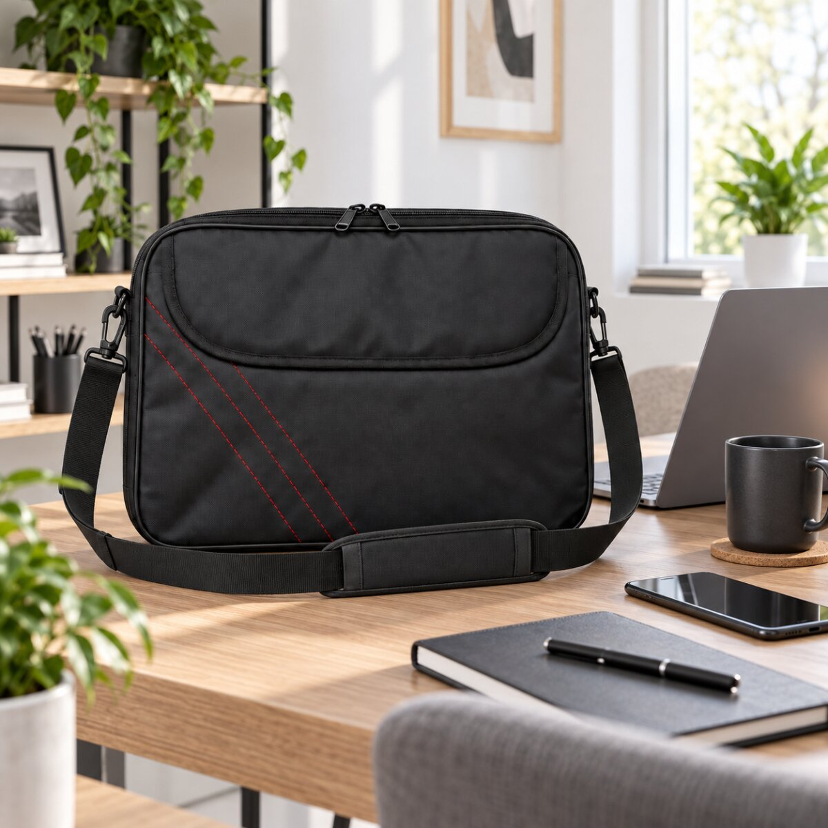 Schwarze Laptoptasche mit roten Nähten auf einem Holztisch, umgeben von einem Laptop, Notizbuch und Kaffeetasse.