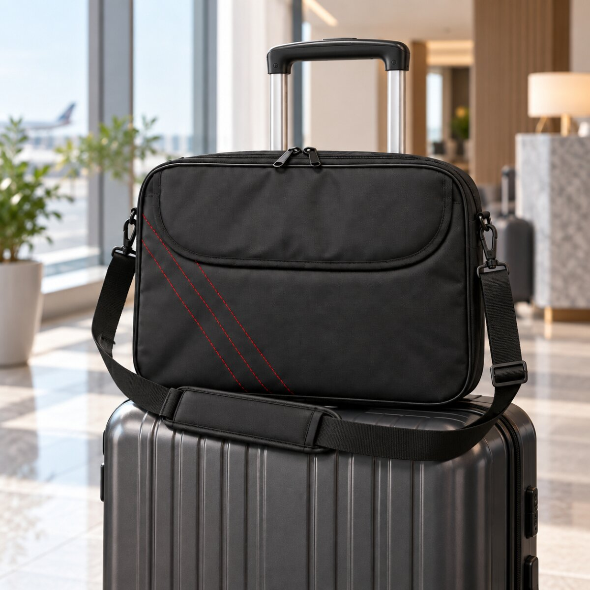Eine schwarze Laptoptasche mit roten Nähten liegt auf einem Rollkoffer in einer hellen Halle.