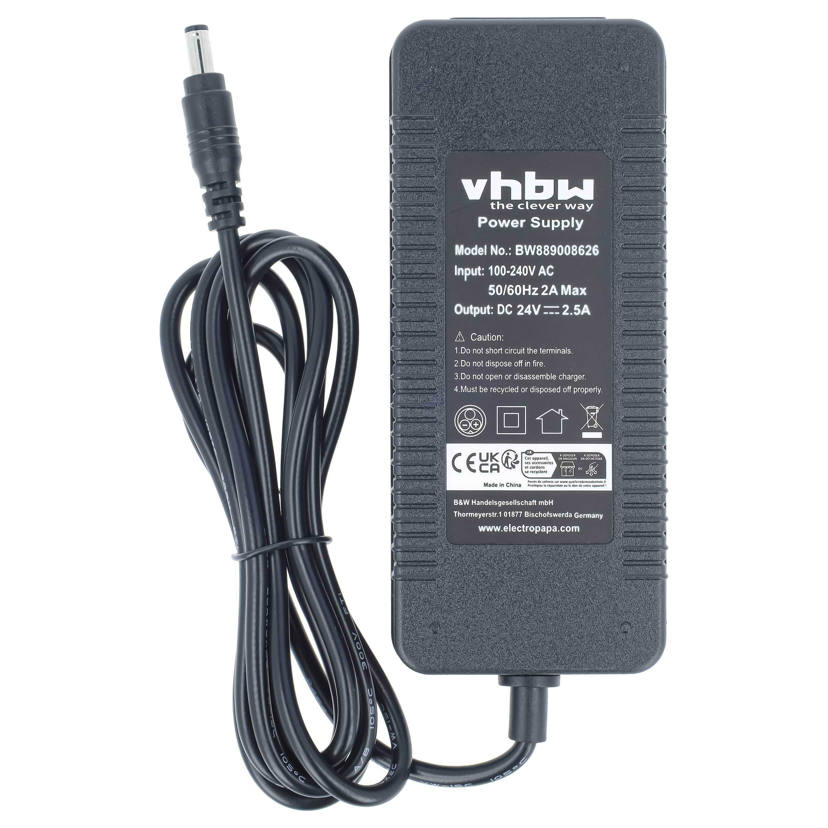 Schwarzes vhbw Netzteil mit abgerundeten Ecken, aufgedruckten technischen Daten und aufgerolltem Kabel auf weißem Grund.