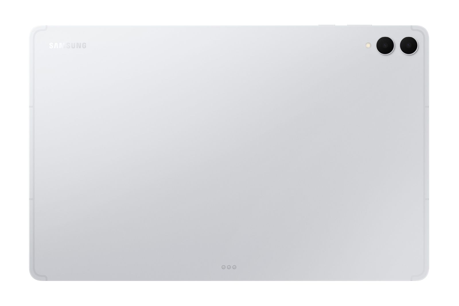 Rückseite eines silbernen Samsung-Tablets mit Dual-Kamera und Samsung-Logo.