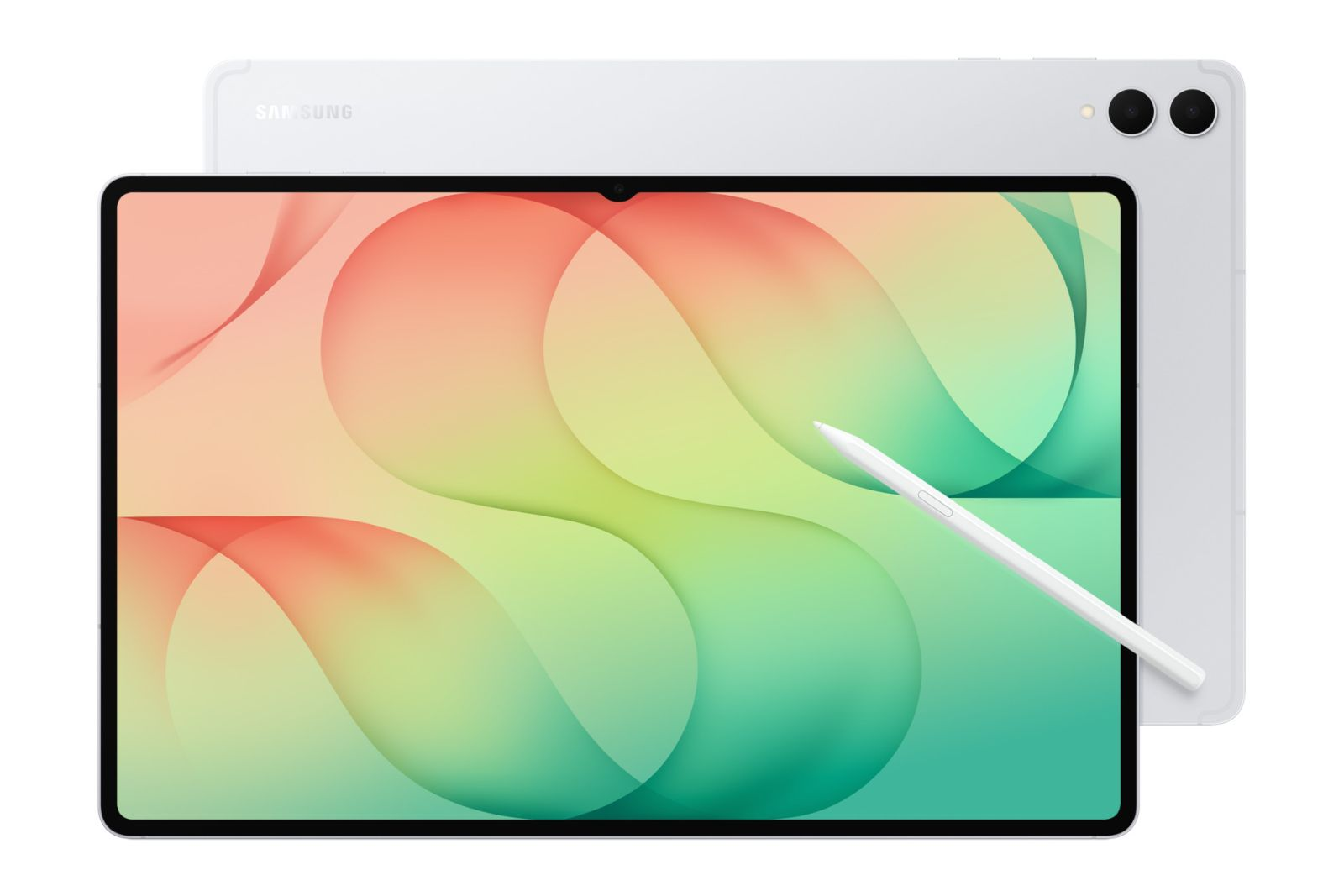 Weißes Samsung Tablet mit Stylus Stift auf dem Bildschirm und abstrakten bunten Hintergrund.
