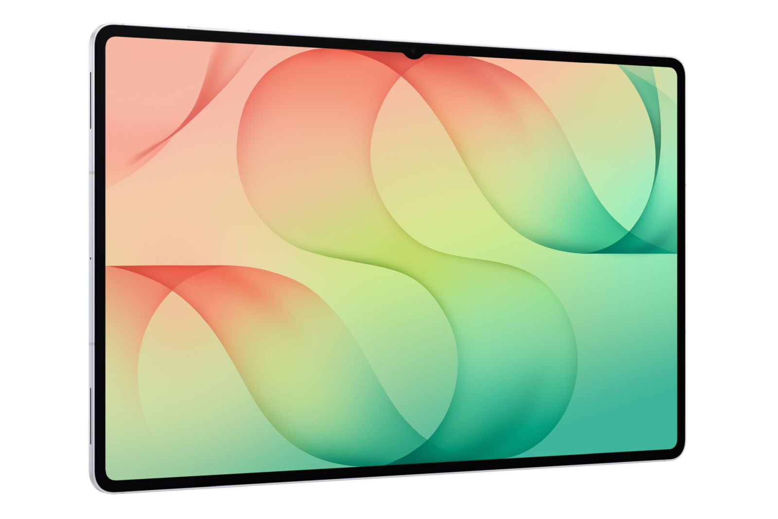 Ein Tablet mit einem bunten, abstrakten Hintergrund aus wellenförmigen rosa, gelben und grünen Formen.