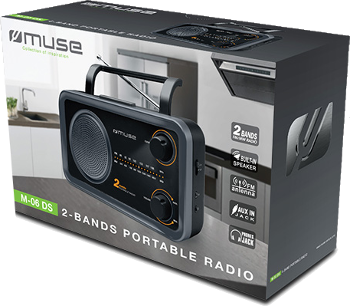 Verpackung des tragbaren Radios Muse M-06 DS mit dem schwarzen Radio und Funktionssymbolen vor Küchenhintergrund.
