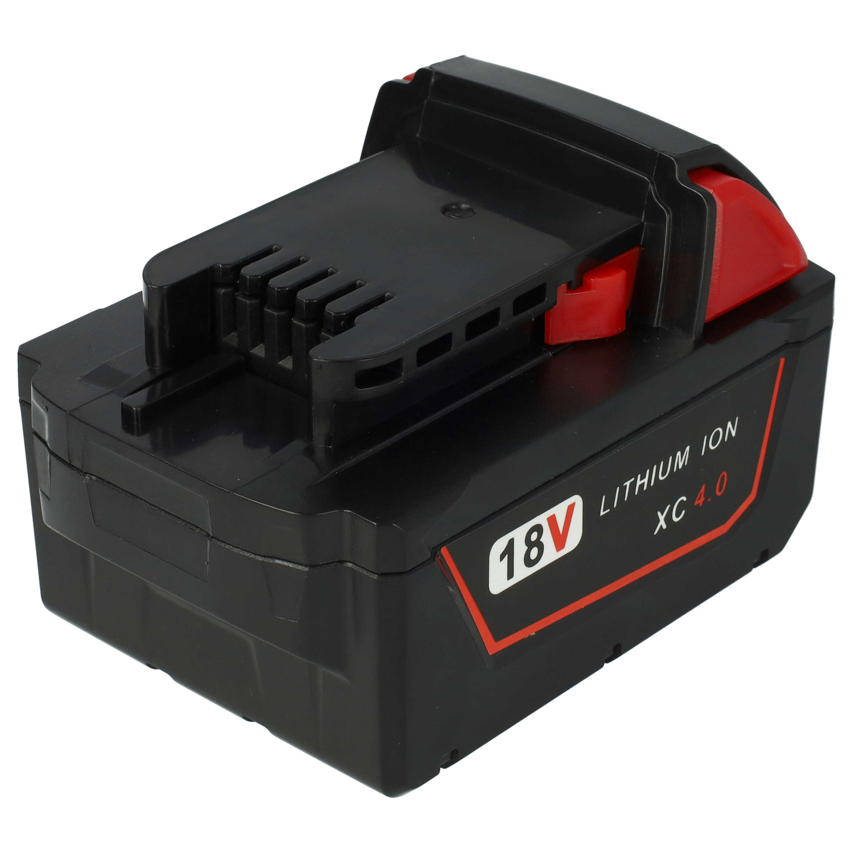 Ein schwarzer 18V Lithium-Ionen-Akku mit roten Akzenten auf weißem Hintergrund.