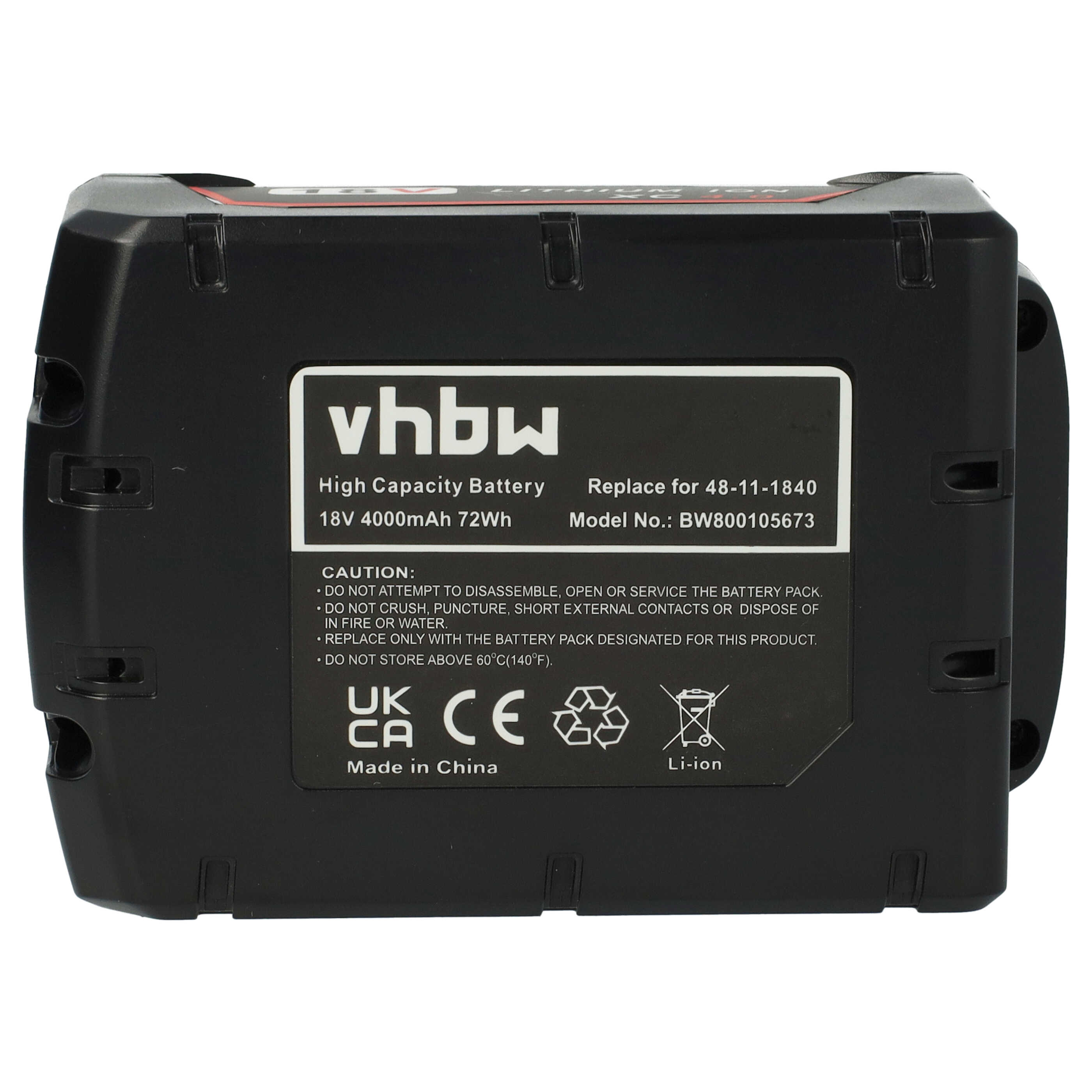 Schwarzer vhbw 18V Lithium-Ionen-Akku mit technischen Daten und Warnhinweisen.