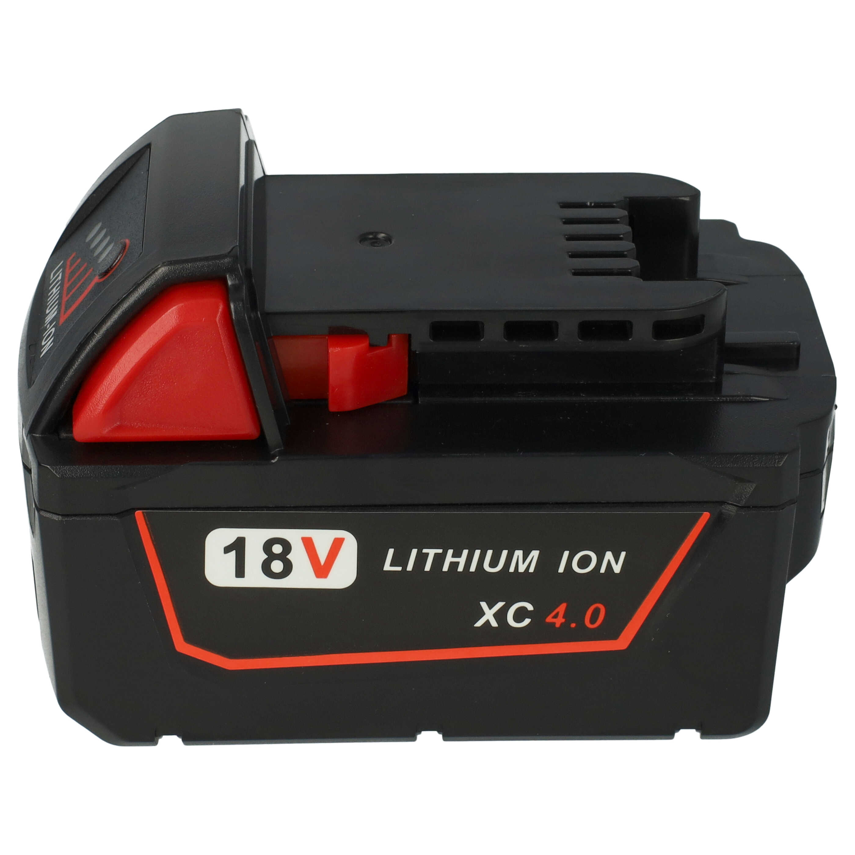 Eine schwarze und rote 18V Lithium-Ionen-Akku-Einheit mit der Aufschrift XC 4.0 auf weißem Hintergrund.