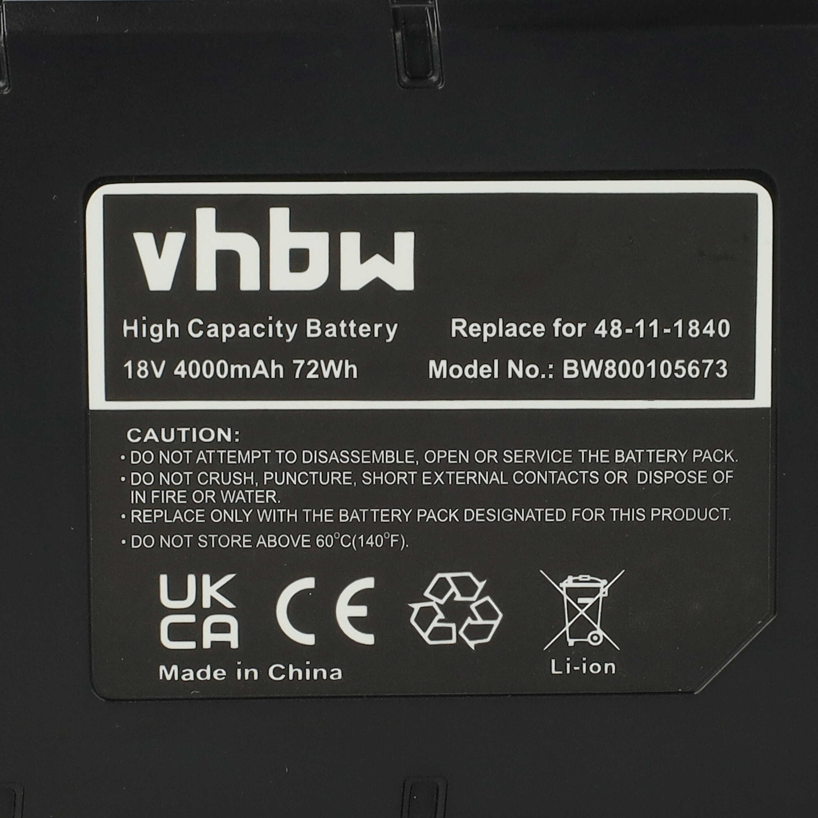 Etikett auf einer schwarzen vhbw 18V-Batterie mit technischen Daten, Warnungen und Symbolen.
