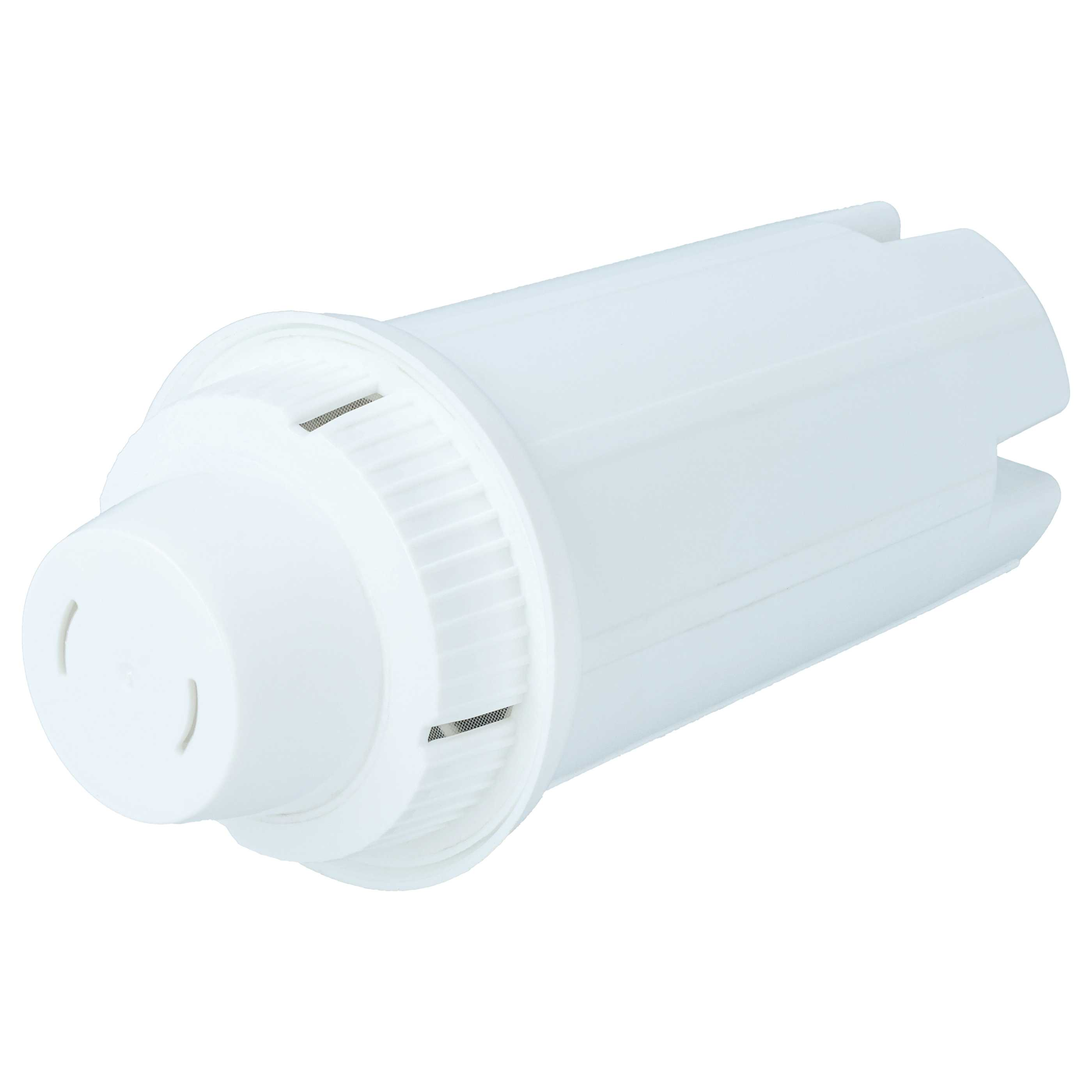 Ein weißer, zylindrischer Wasserfilter für Karaffen mit geripptem Ring auf weißem Hintergrund.